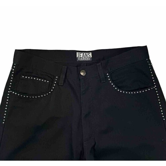 Iceberg Jeans 31 Vintage Black Jeans Rhinestone Trim Denim Y2K Glam - Picture 2 of 14